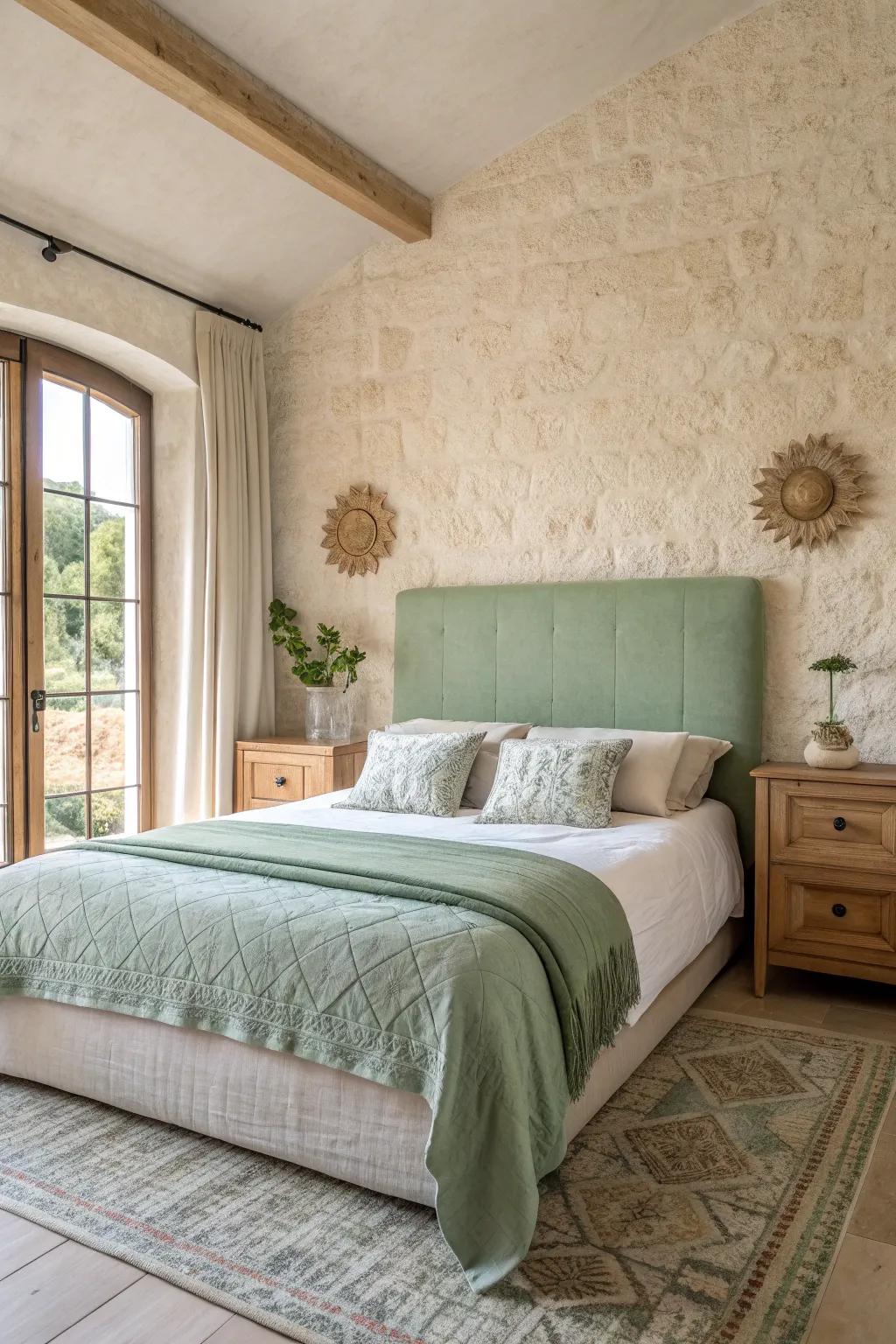 Create a striking statement with a green headboard against beautifully textured walls.