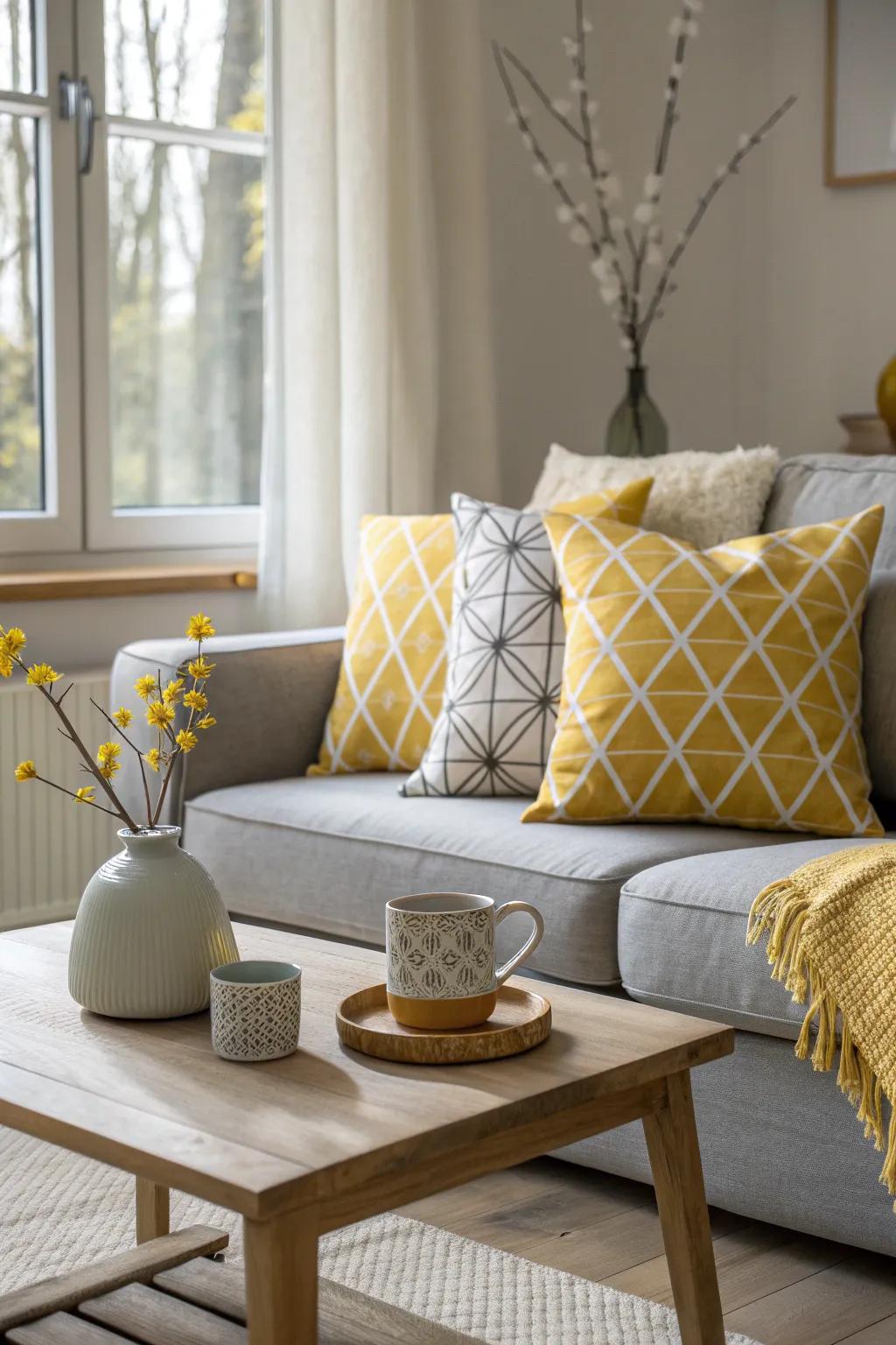 Update your seating area with geometric cushions in grey and yellow for a modern twist.