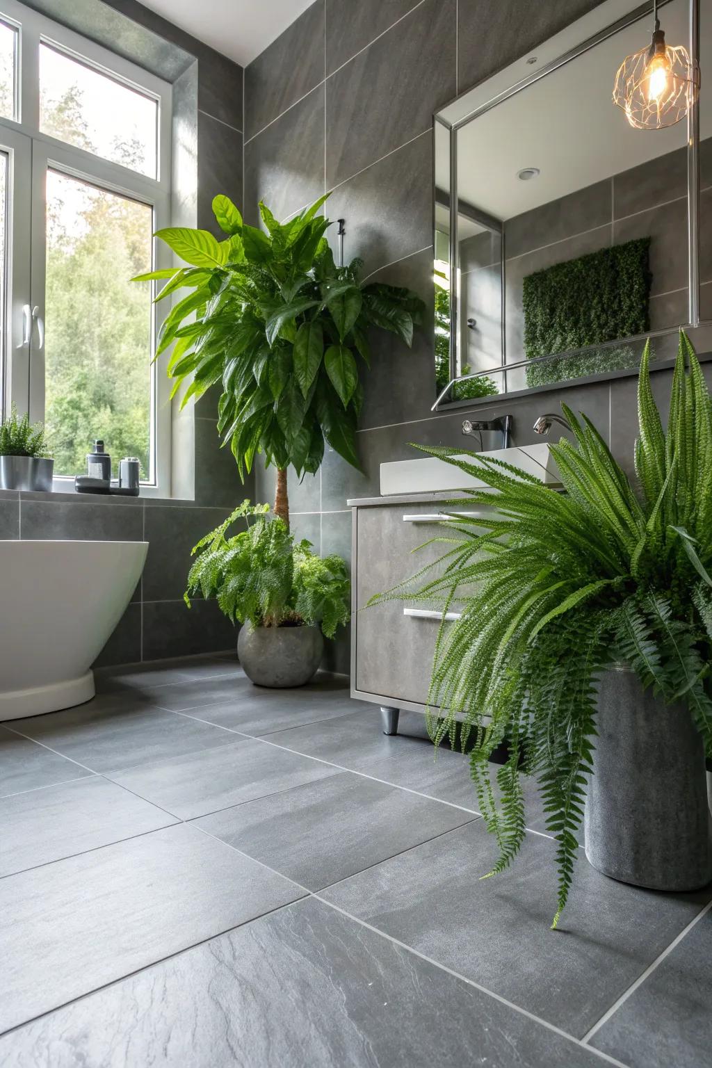 Greenery adds a refreshing contrast to grey tones, bringing vibrancy to your bathroom.