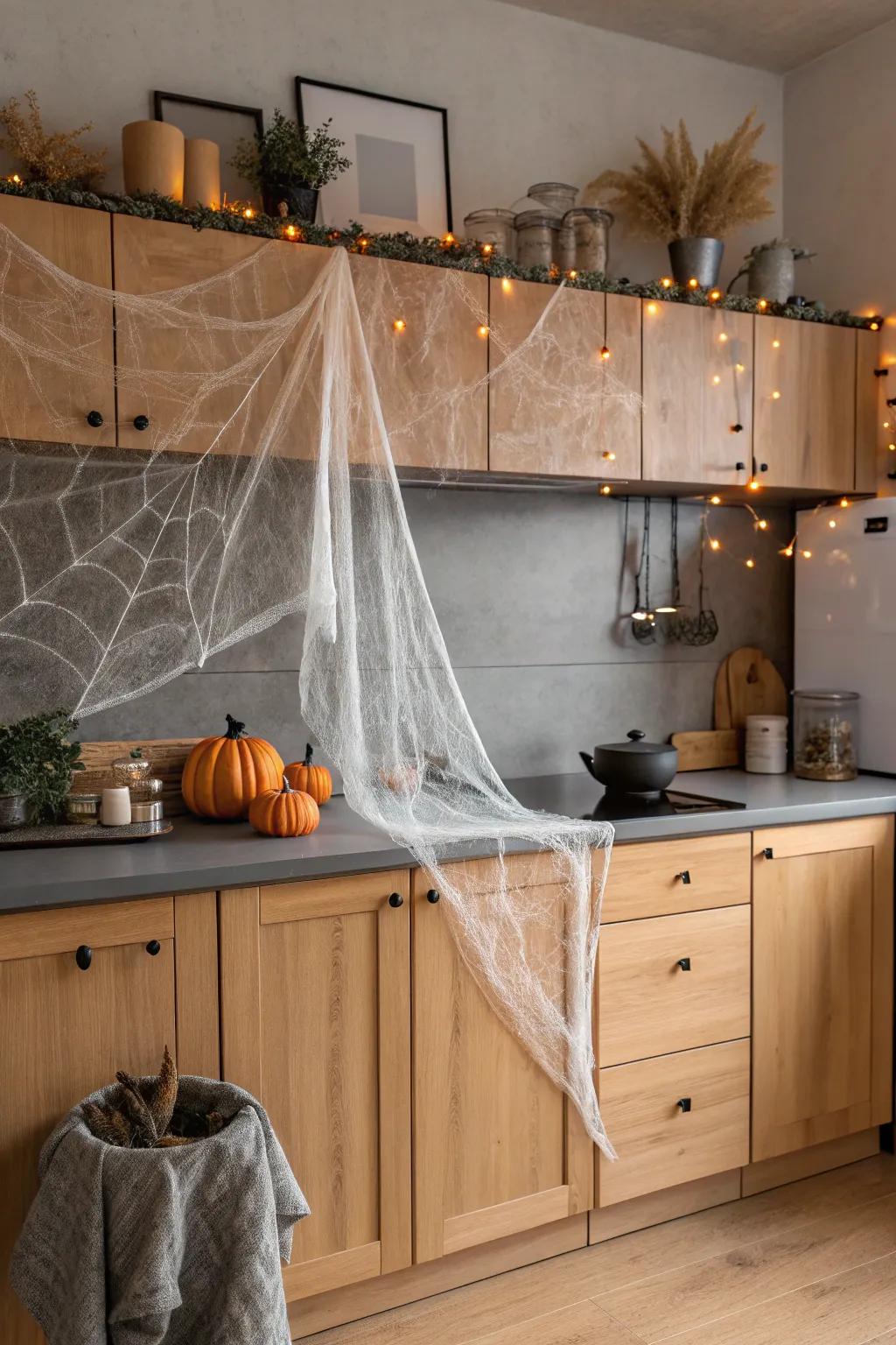 Delicate cobwebs draped over your decor add a hauntingly beautiful touch.