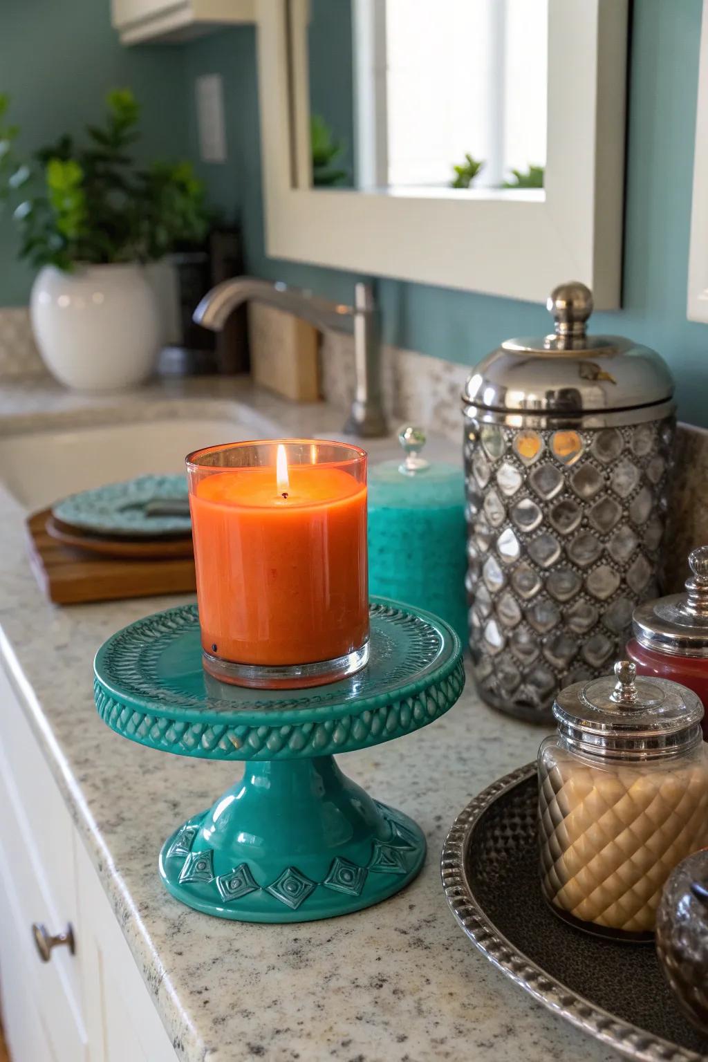 A candle corner brings warmth and tranquility to your kitchen space. #CandleGlow #WarmAmbiance