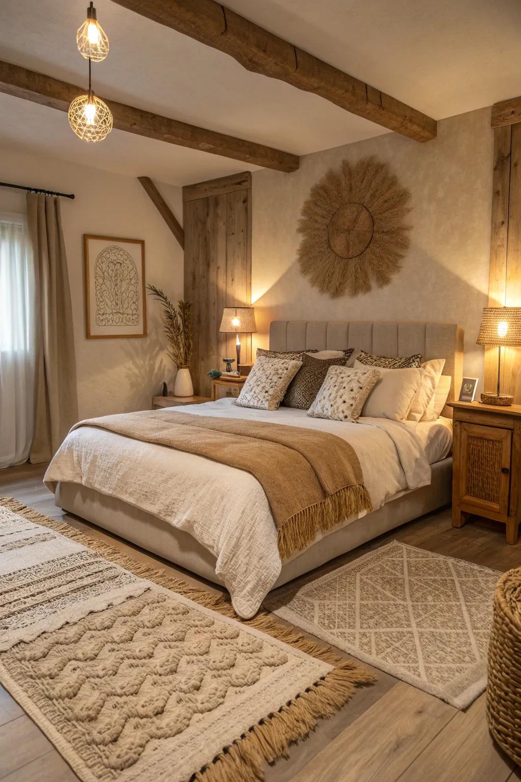 Layered rugs in the bedroom provide a warm welcome to your feet, making mornings cozier.