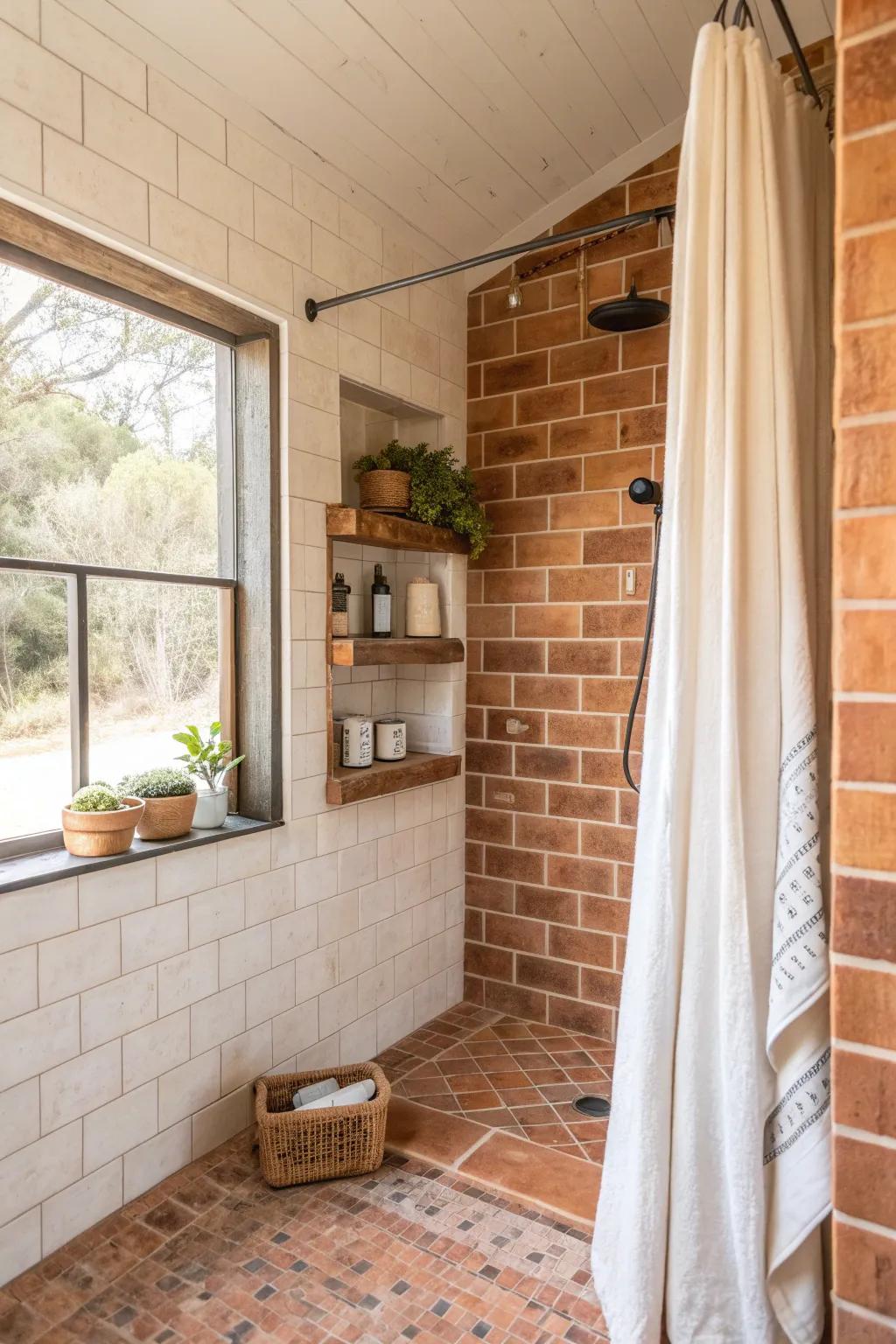 Warm up your bathroom with farmhouse brick tiles for a welcoming, rustic vibe.