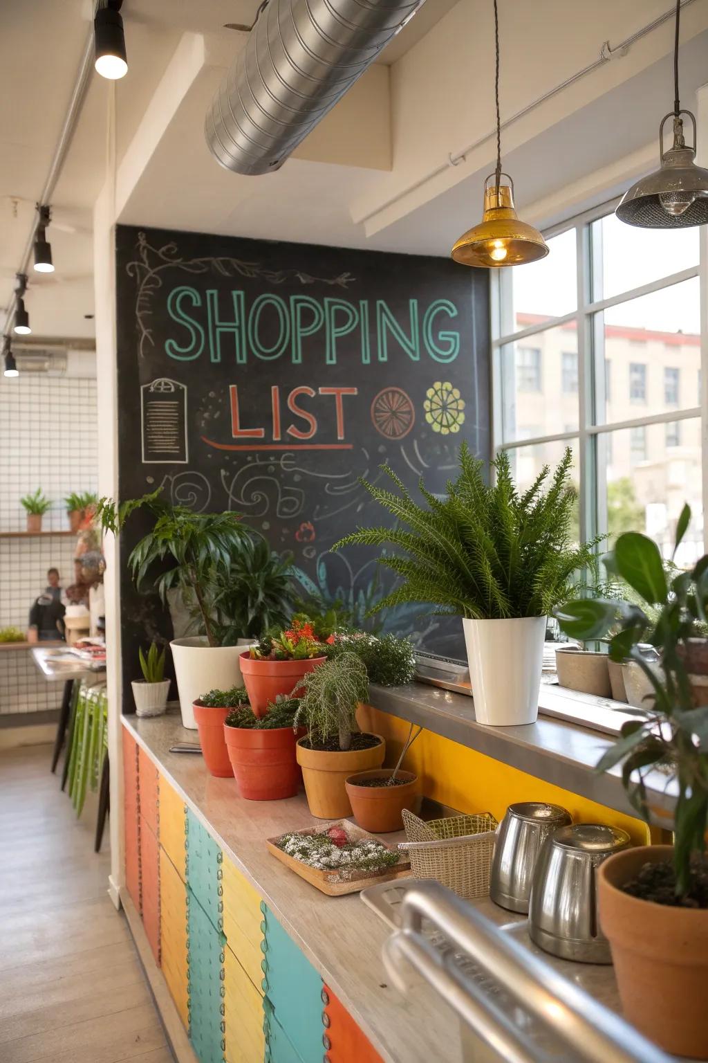 Simplify your grocery shopping with a dedicated chalkboard list that keeps track of your needs.