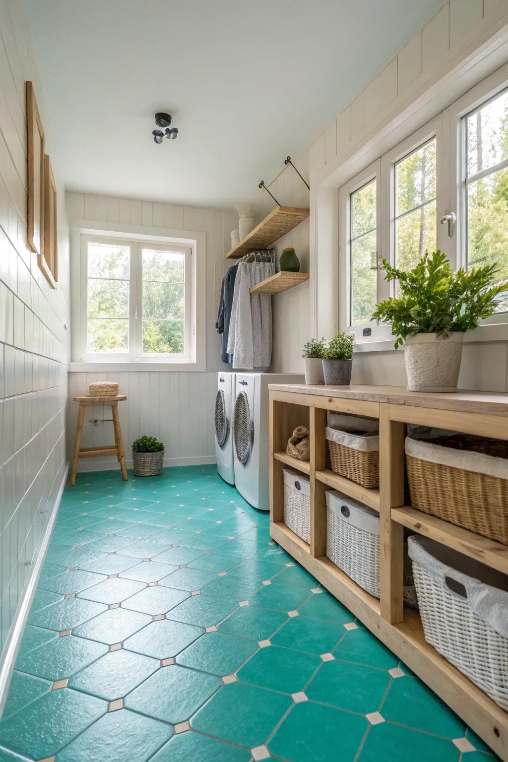 Energize your space with vibrant floor paint that adds a unique pop. #FloorPaint #VibrantColors #LaundryRoom