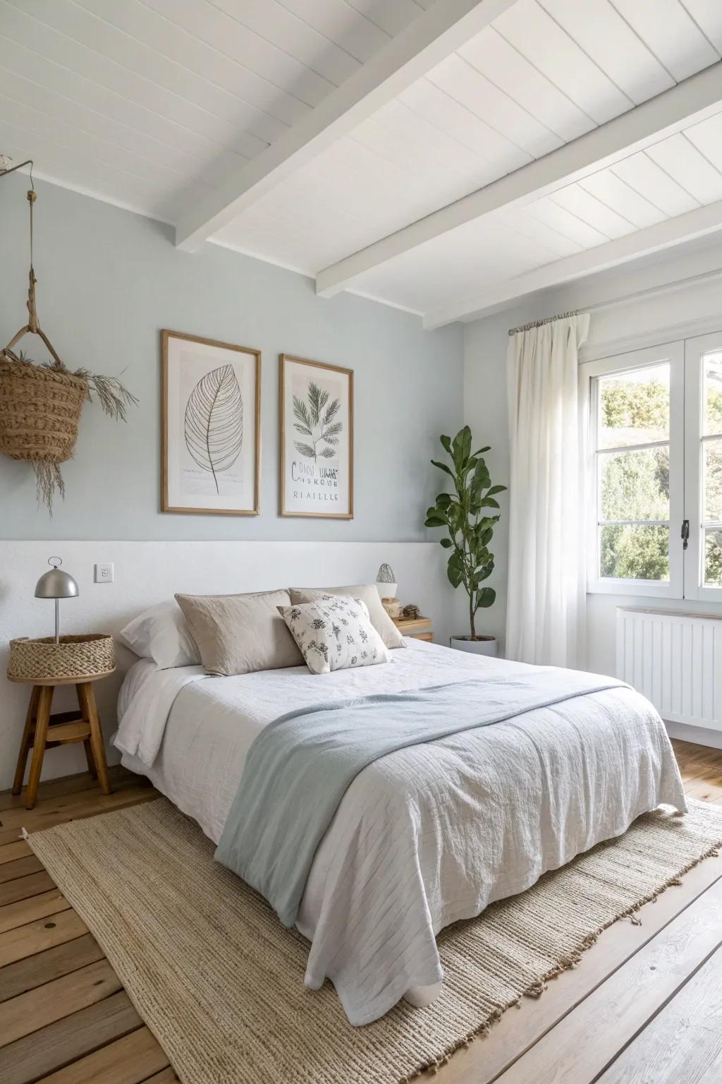 An accent wall adds depth and character to a light and airy bedroom.