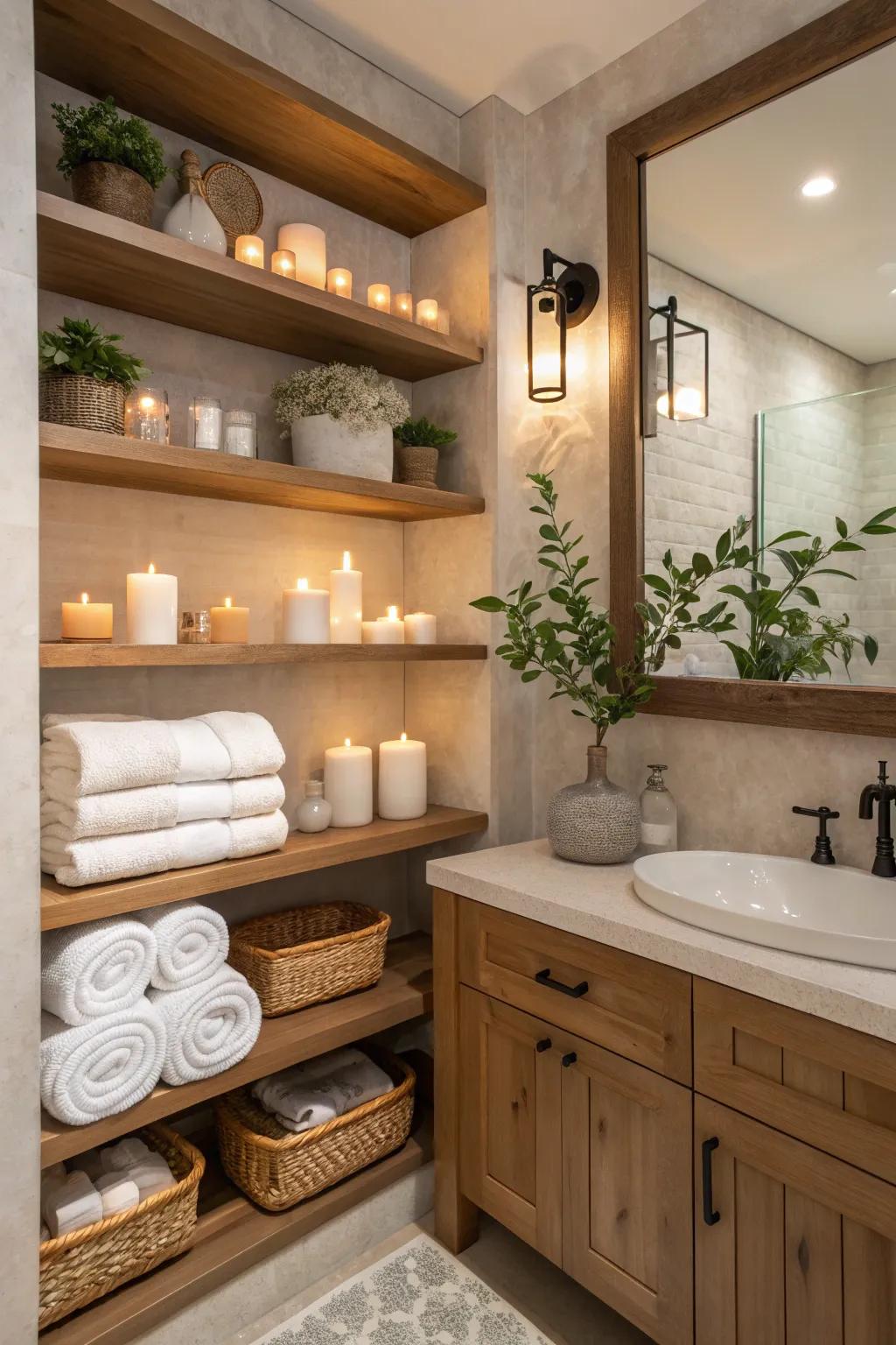 Open shelves bring both functionality and style to your bathroom. 🌿🕯️ #ShelvingIdeas #BathroomStorage