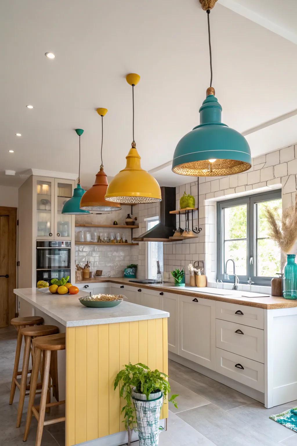 Add energy to your kitchen with colorful light fixtures that reflect your personality.