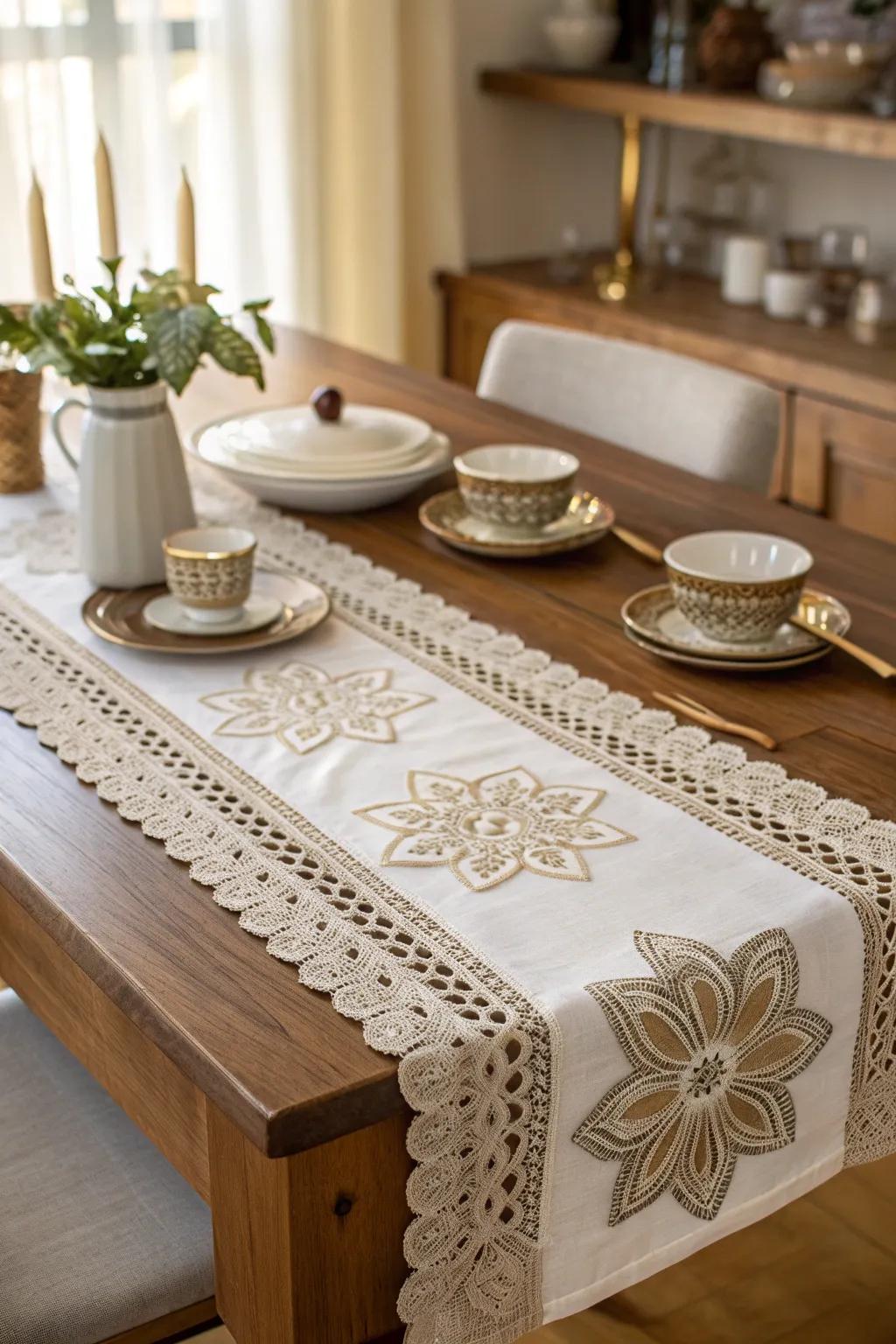 Transport your dining room back in time with a vintage-inspired lace table runner.