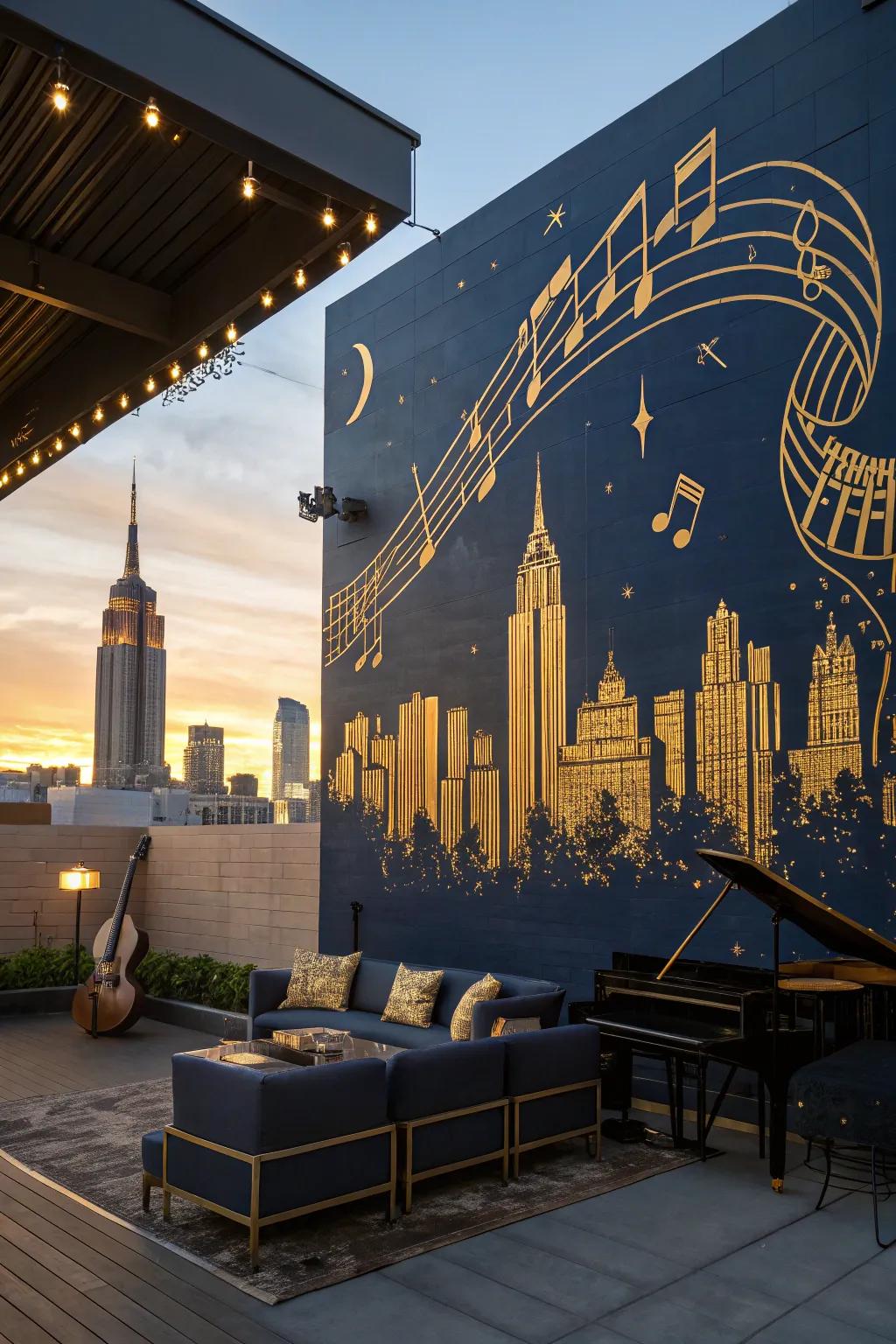 Fuse urban life with musical flair in a cityscape mural that dances across your walls.