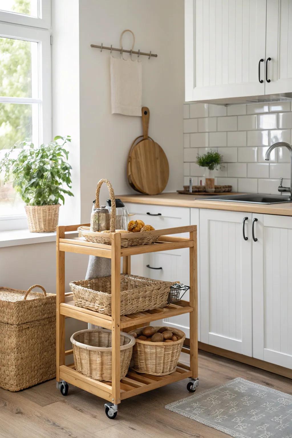 Enhance your kitchen's functionality with a mobile rolling cart full of storage options. 🚛 #KitchenCart #StorageSolutions