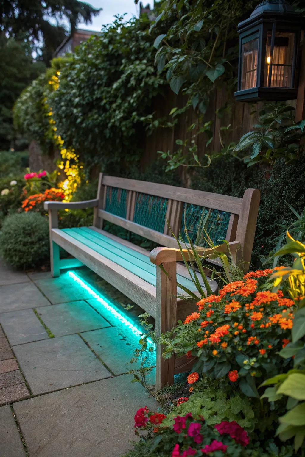 Add a magical touch to your garden bench with underlighting.