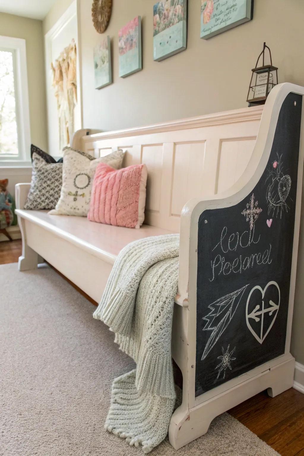 Let creativity flow with a chalkboard-painted church pew.