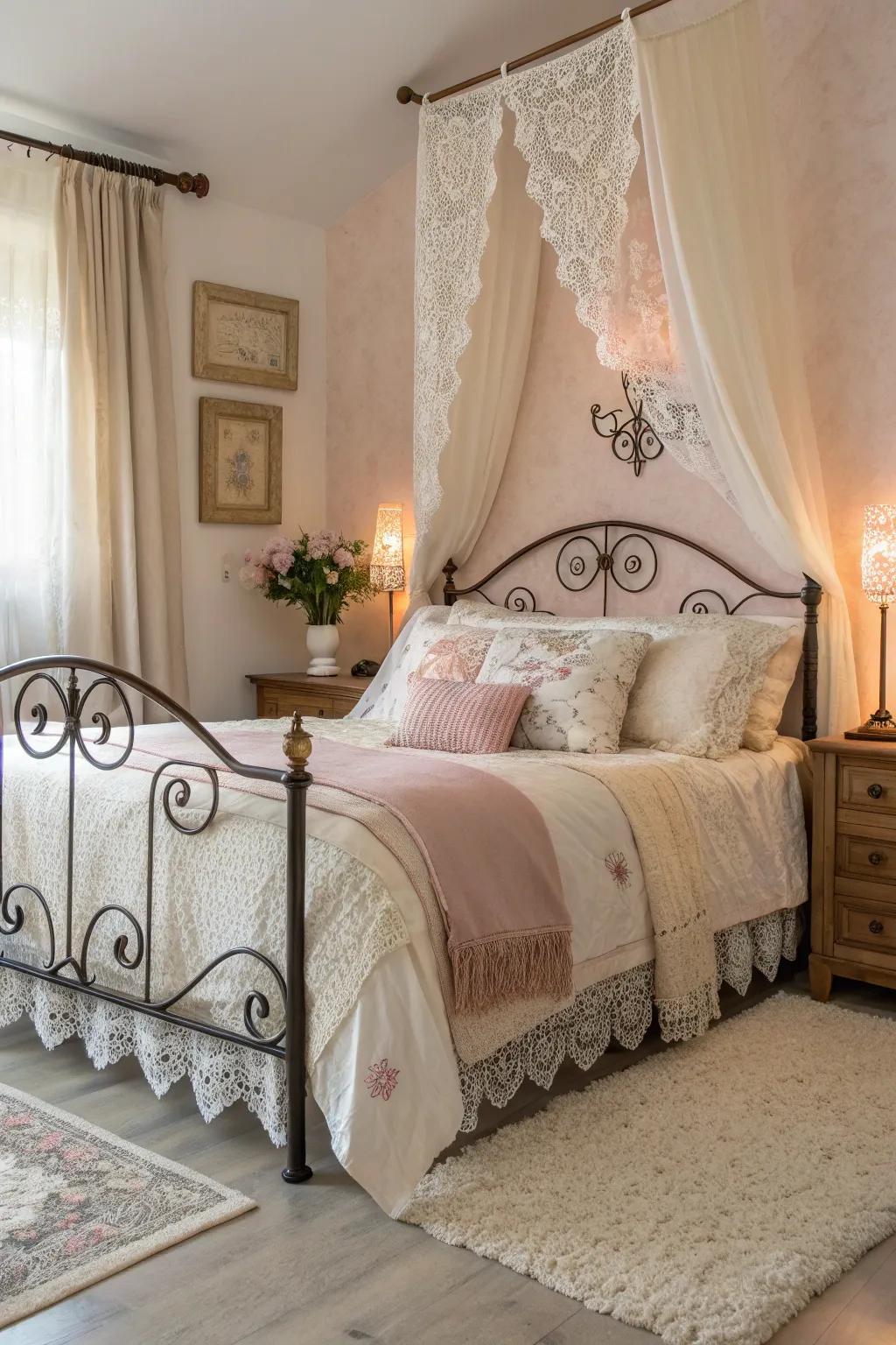 Indulge in romantic elegance, where lace and wrought iron weave a tale of timeless beauty.