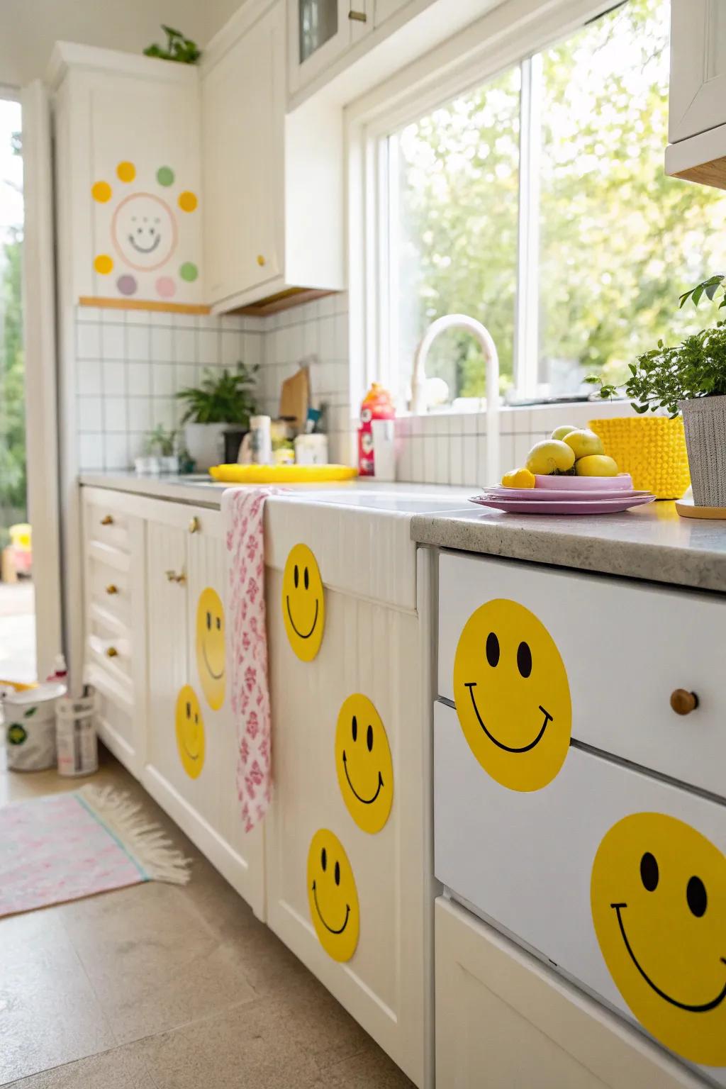 Keep it light and cheerful with smiley face stickers brightening up your kitchen.