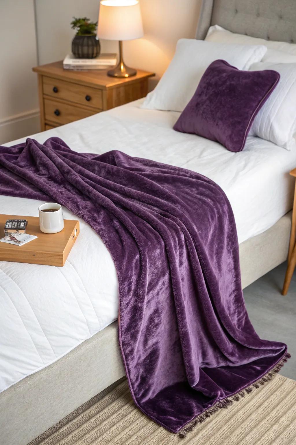 Textured purple fabrics like velvet and silk bring warmth and dimension to your bedroom. ✨ #TexturedDesign #WarmInteriors