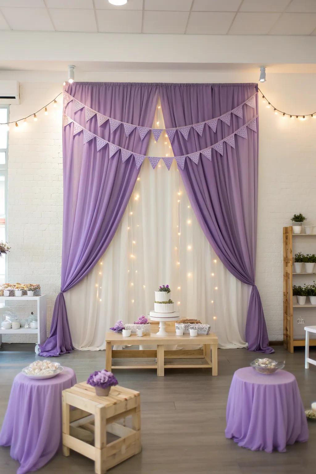 Add drama and elegance with purple drapery that transforms your party into a royal affair.