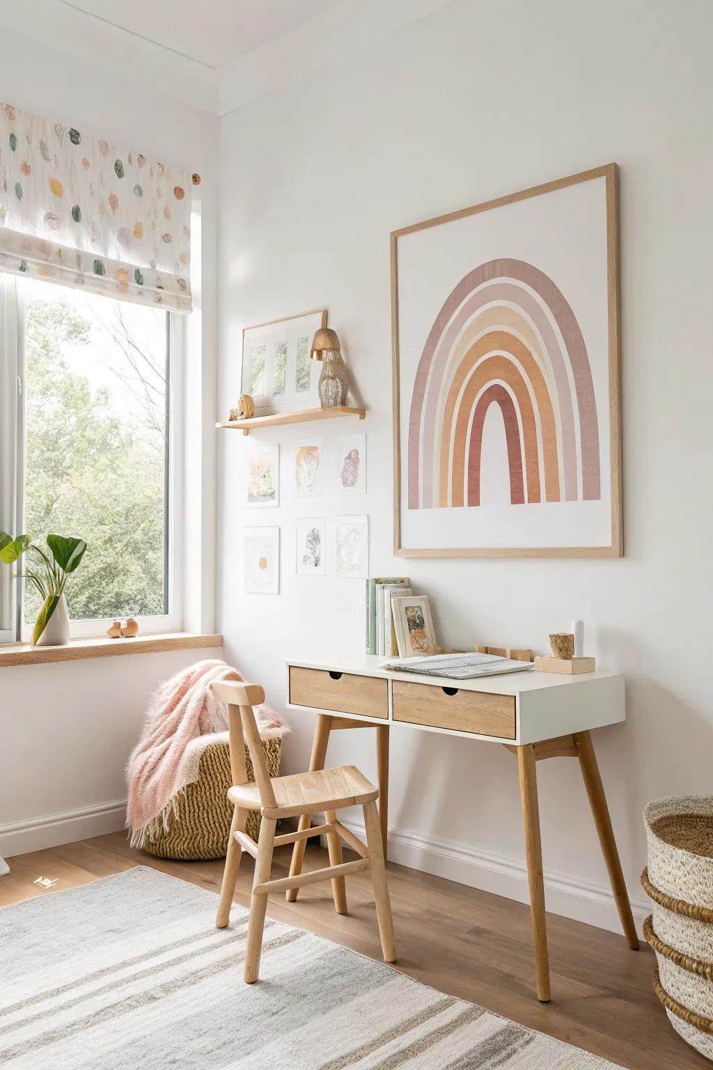 Rainbow art pieces enhance the room's theme, adding a splash of creativity and inspiration. 🎨 #ArtInTheHome #ColorfulLiving