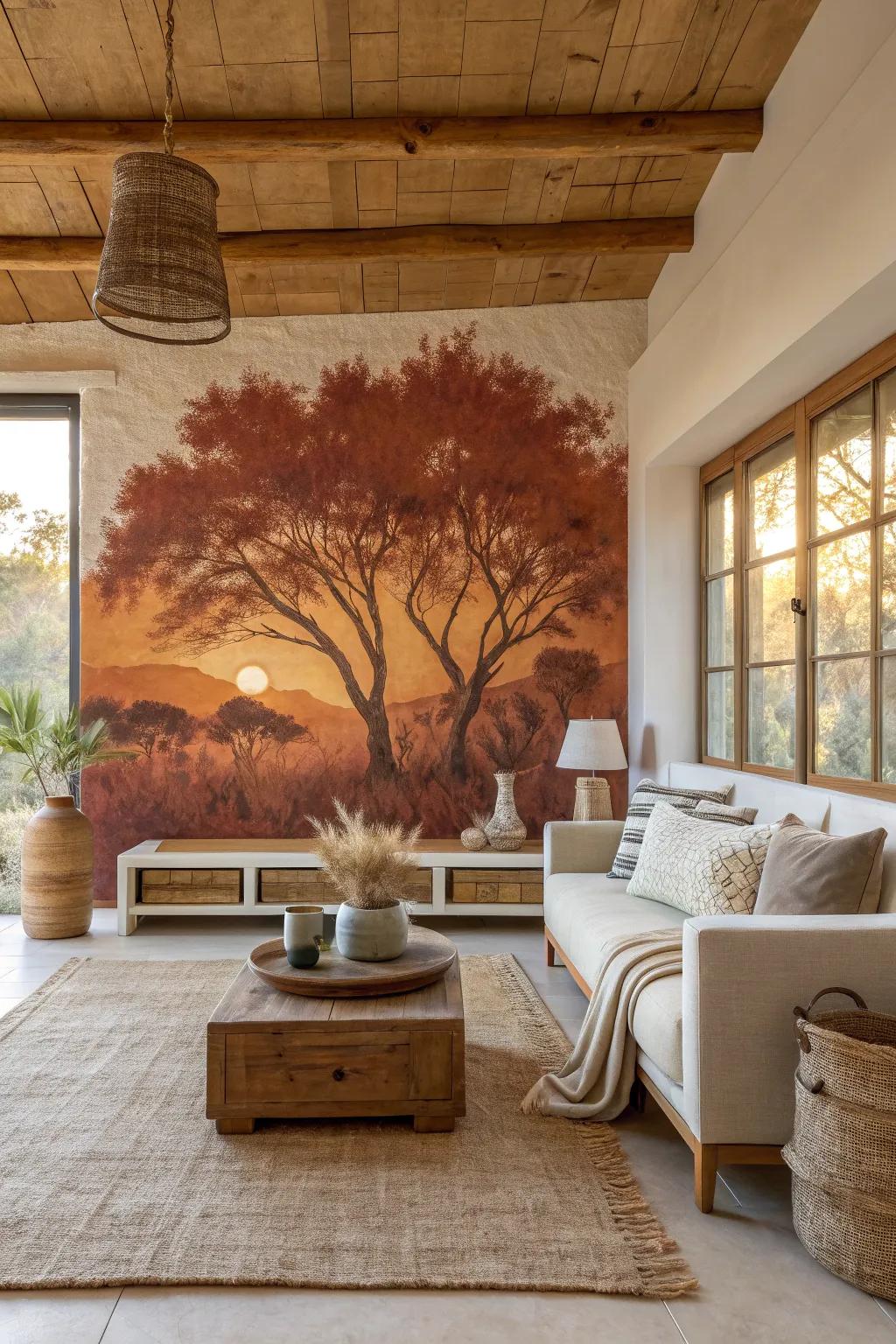 A rust-colored mural creates a striking visual impact and transforms the room's atmosphere.