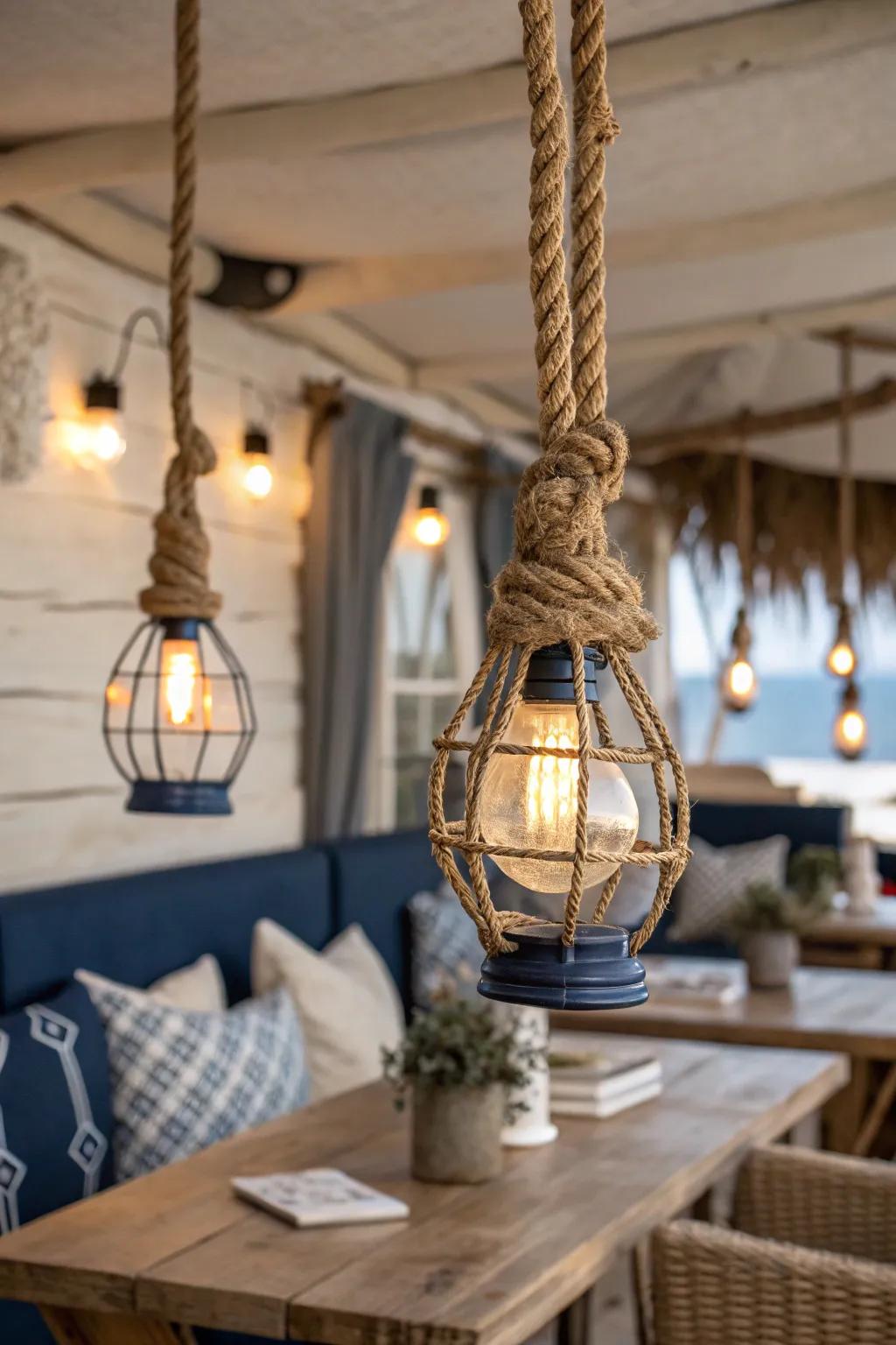 Rope-wrapped fixtures bring coastal charm and texture to your rustic bar. #NauticalStyle #RopeLighting
