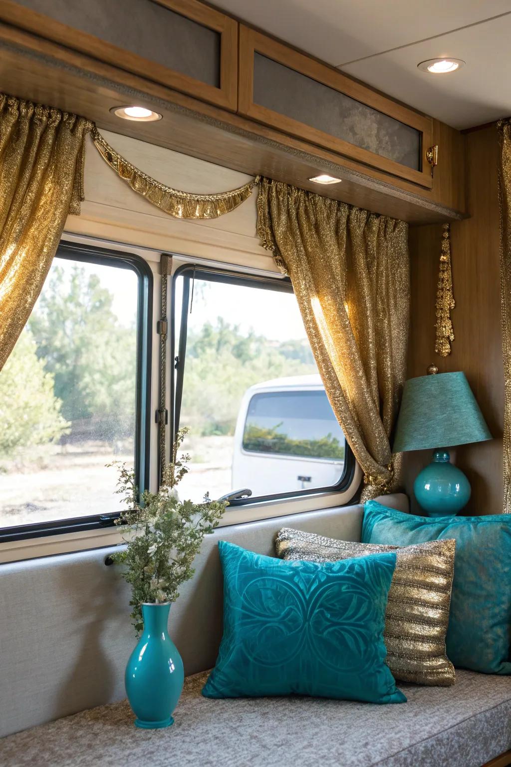 Metallic accents add a touch of glam to your RV valances, perfect for a chic update.