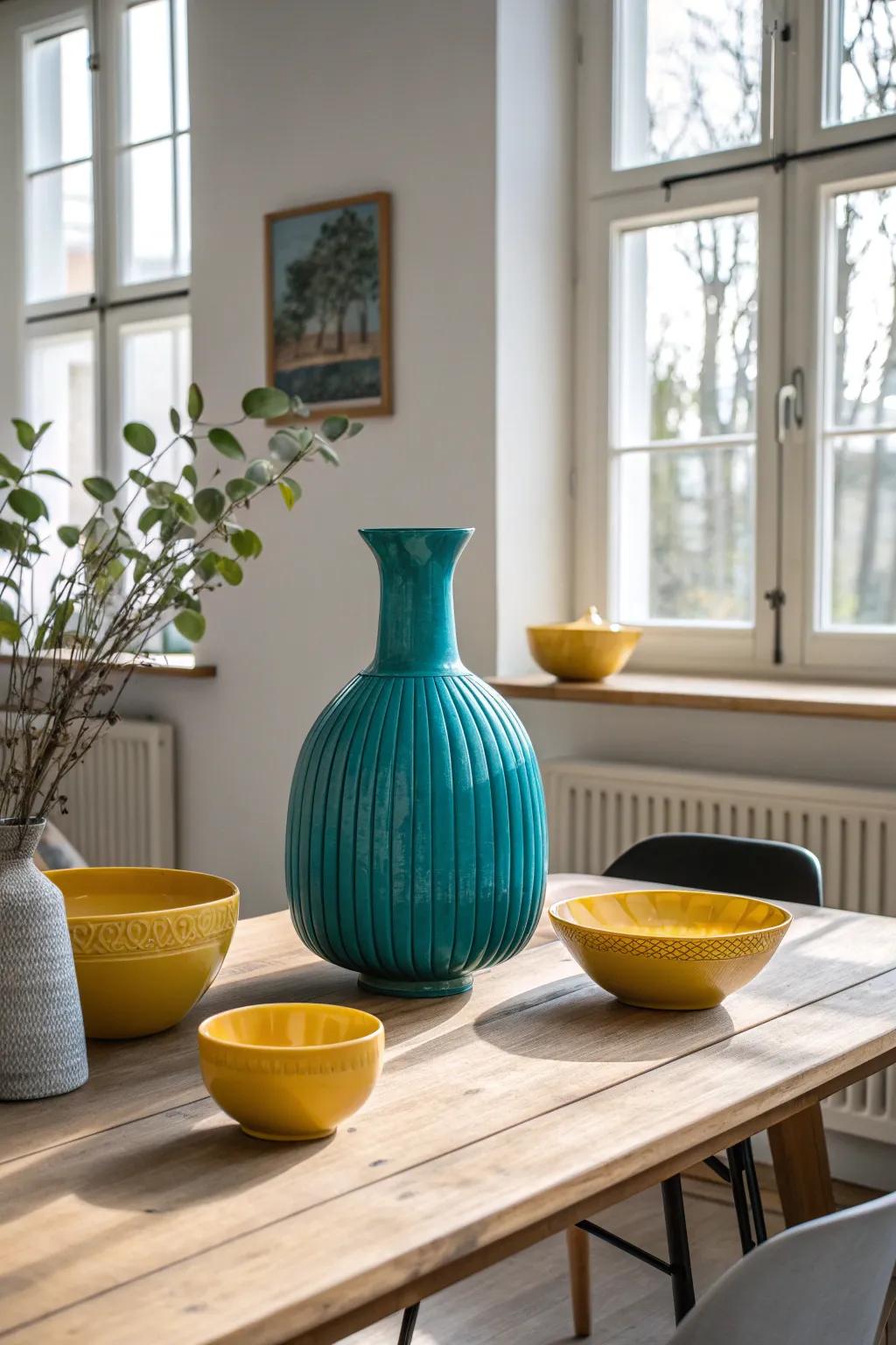 Simple ceramics add timeless elegance to a Scandinavian dining room.
