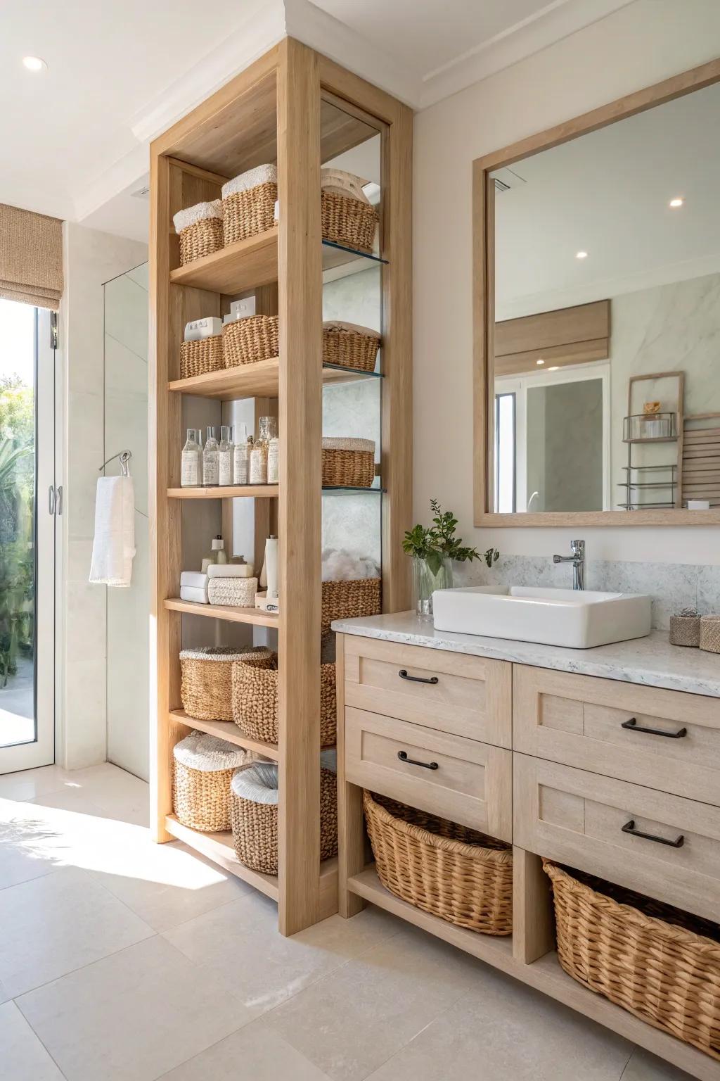Vertical storage solutions maximize space in shared bathrooms. #StorageSolutions #InteriorHacks 📚