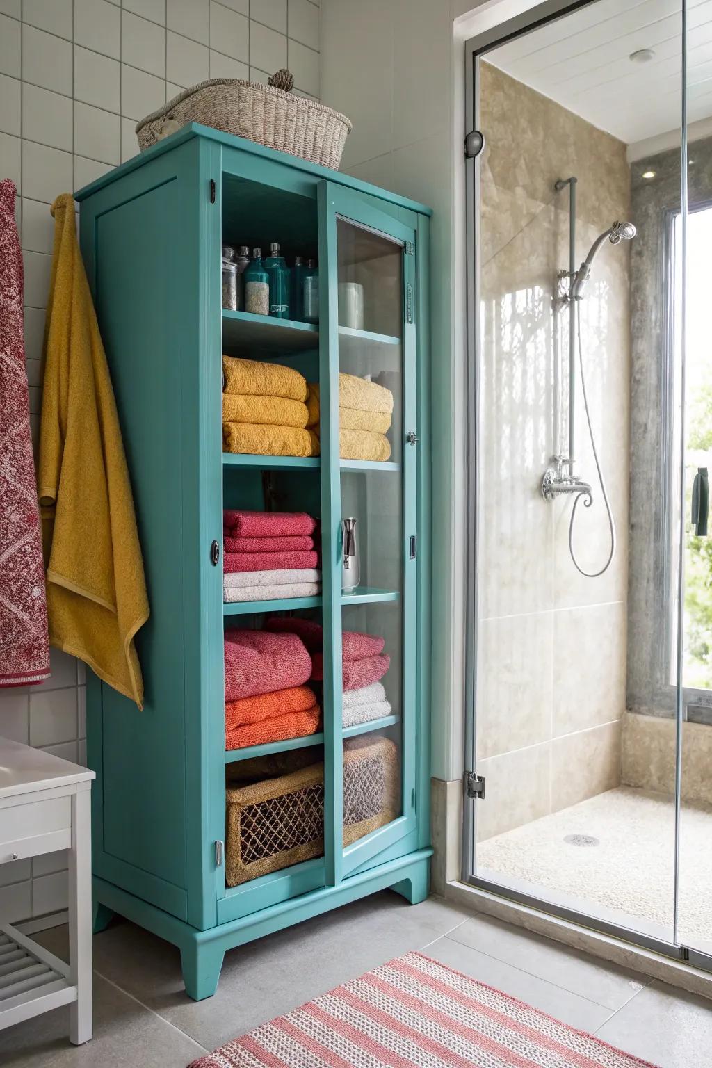 A storage cabinet near your shower keeps essentials organized and within easy reach.