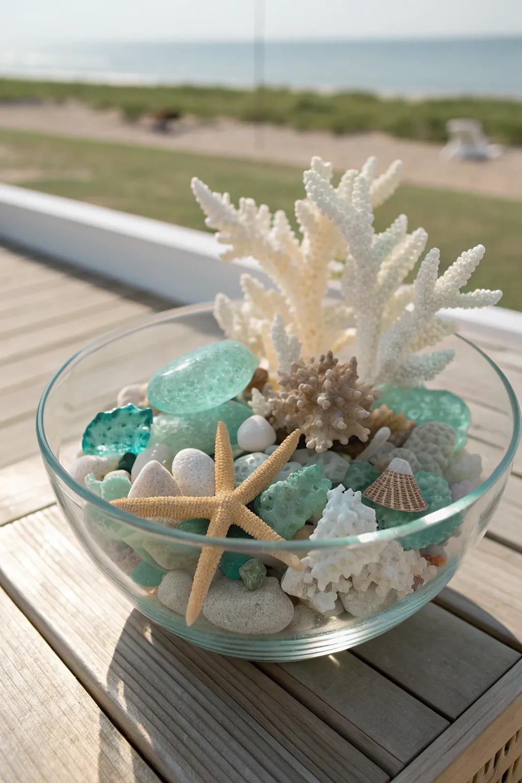 Make a statement with coral and sea glass, an eye-catching centerpiece that captures the beauty of the ocean.