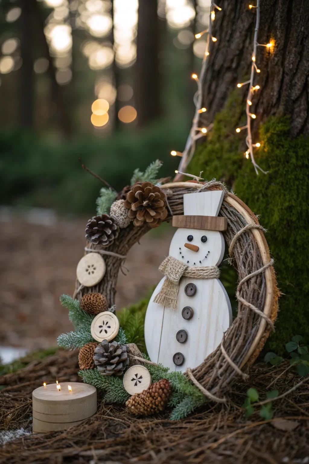 Bring the forest to your front door with a woodland snowman wreath.