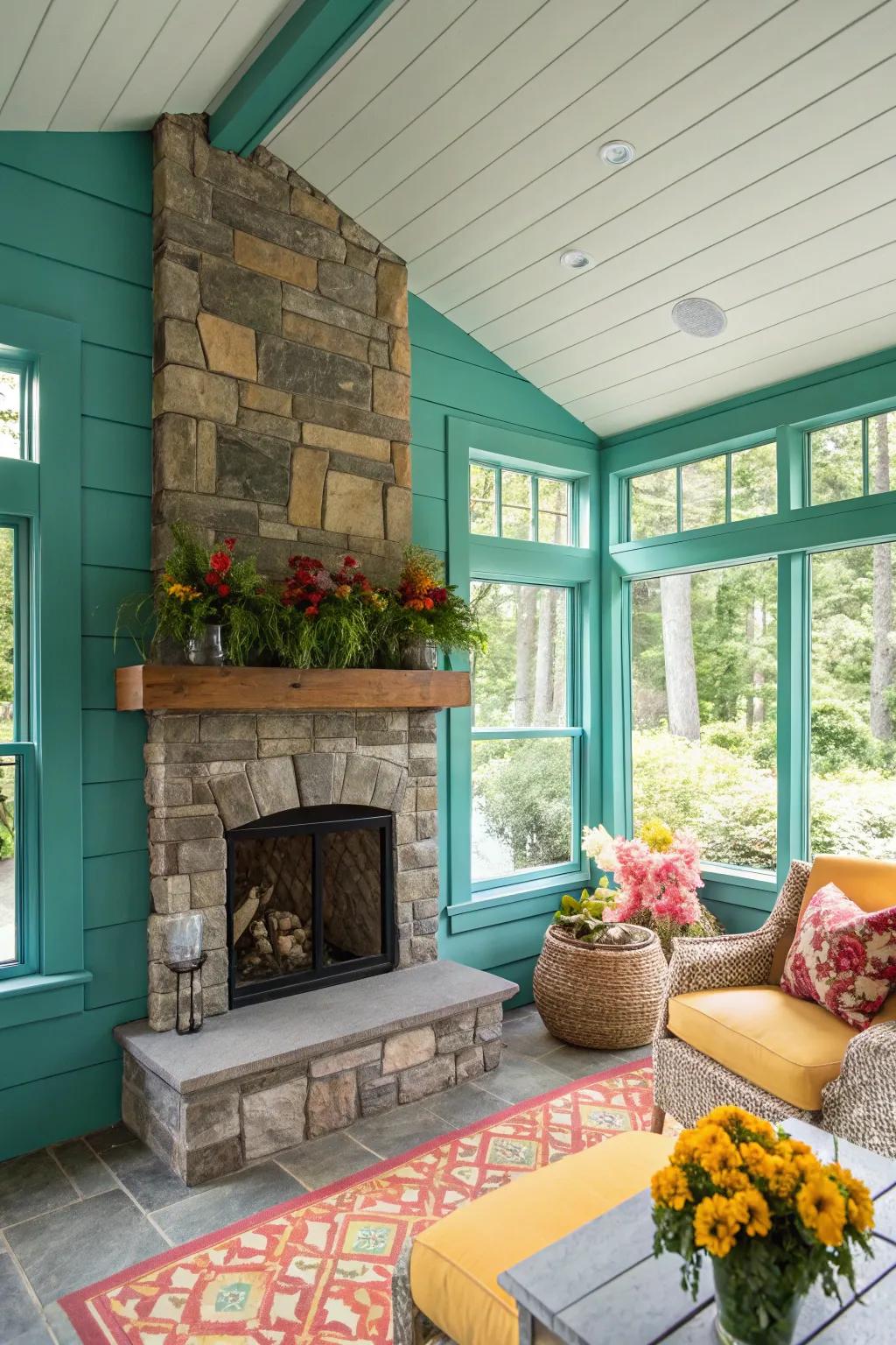 Bask in natural light with a serene sunroom featuring a charming shiplap fireplace.