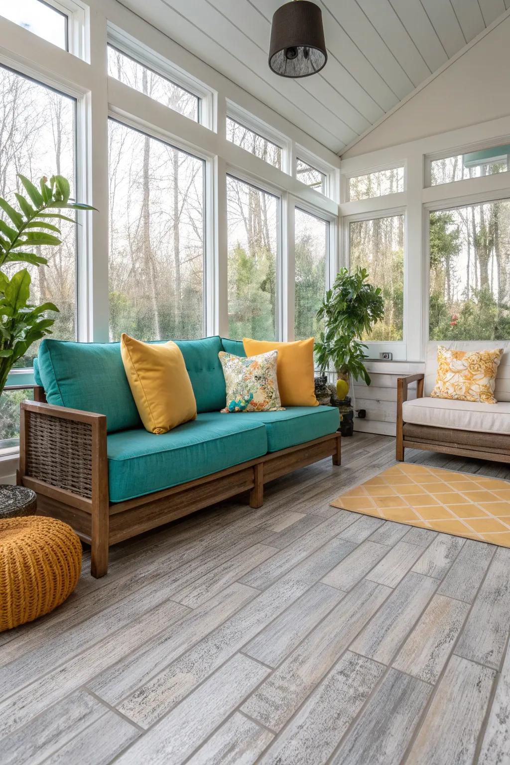 Wood-look tiles combine classic charm with modern durability for a timeless sunroom.