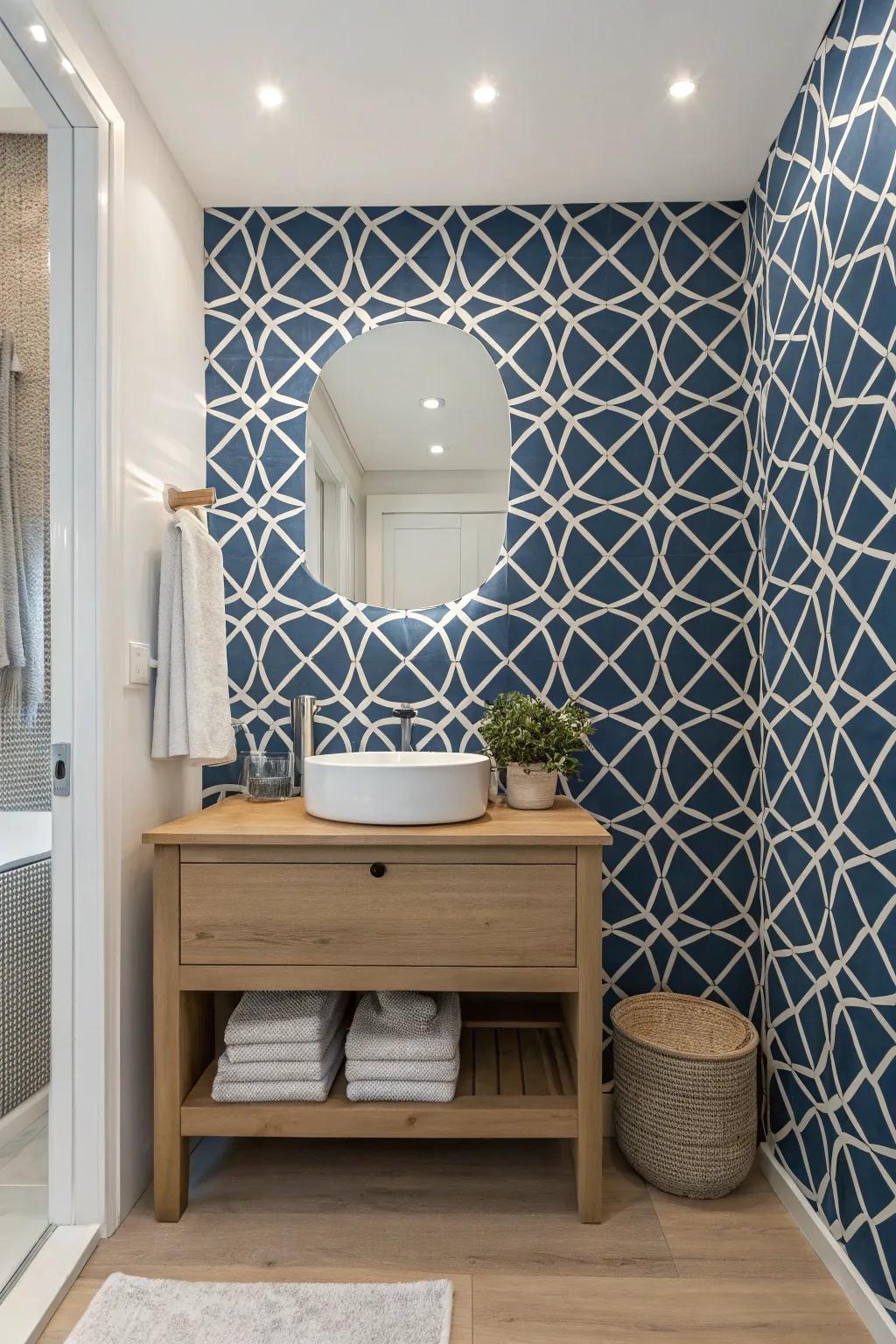 Dare to be bold with vibrant wallpaper for a bathroom that truly stands out! #BoldDesign #WallpaperMagic