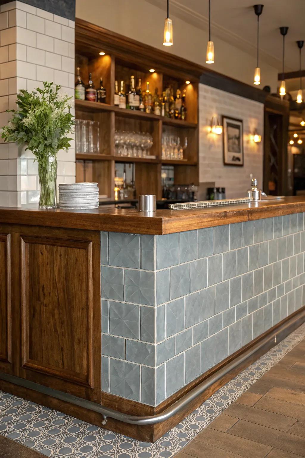 Blend materials with wood and tile combinations that create a cozy, sophisticated bar environment.