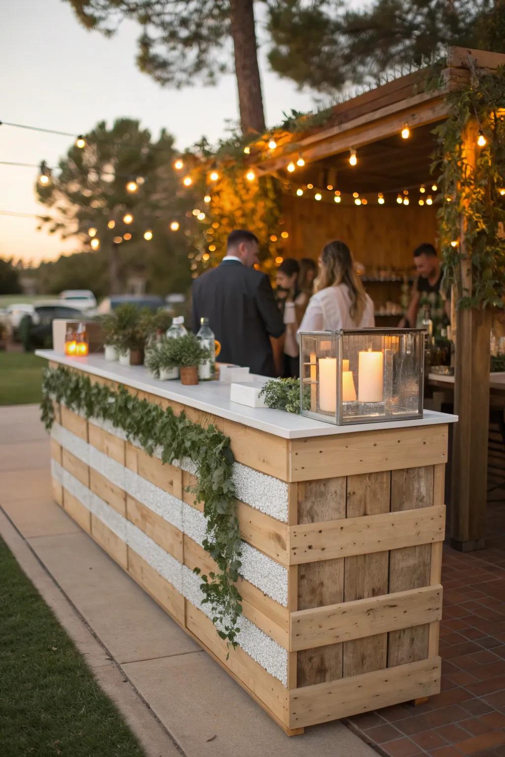 Craft a personalized drink station with a DIY pallet bar that adds rustic charm to your wedding.