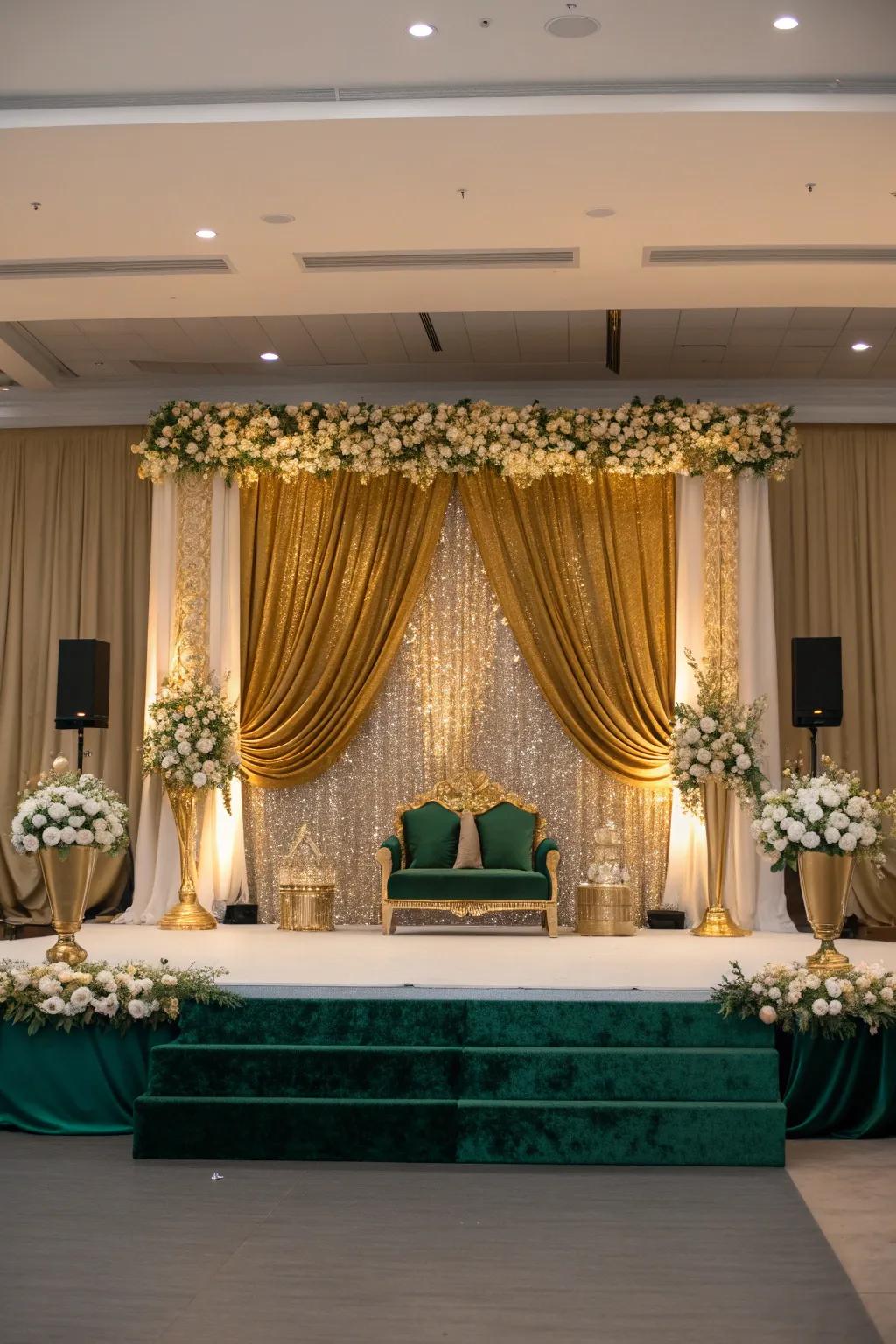A glamorous touch of gold adds opulence to your wedding stage, creating a truly unforgettable setting.
