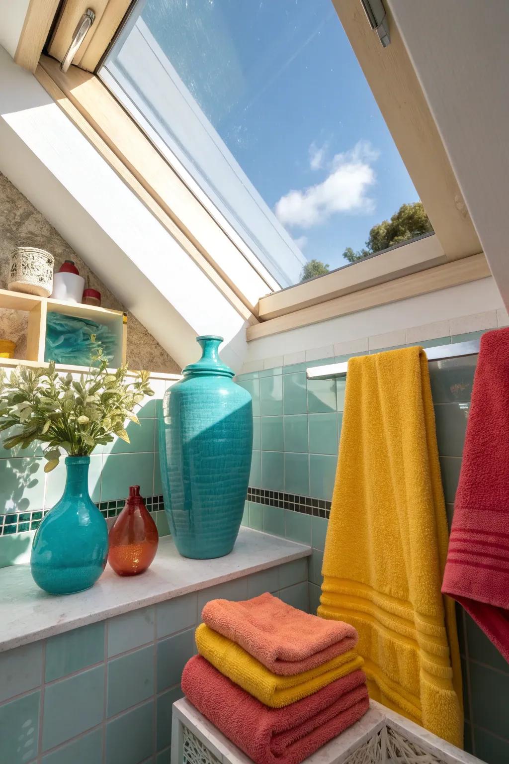 A skylight invites natural light, creating a bright and welcoming bathroom atmosphere.