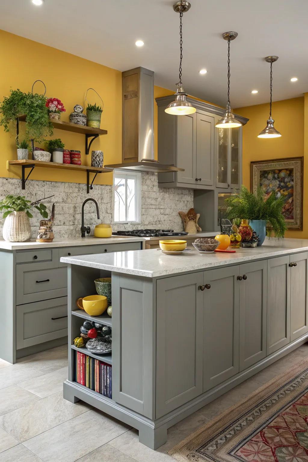 Add a bold pop of color with mustard yellow walls that contrast beautifully with gray cabinets.