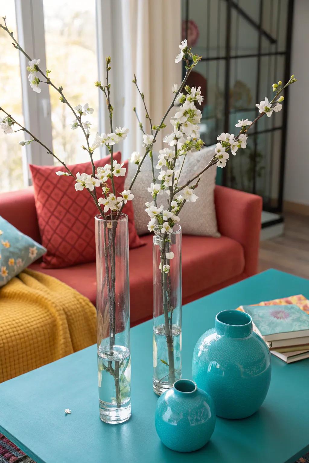 Dramatic height: White blossom branches add a striking visual to any home decor.