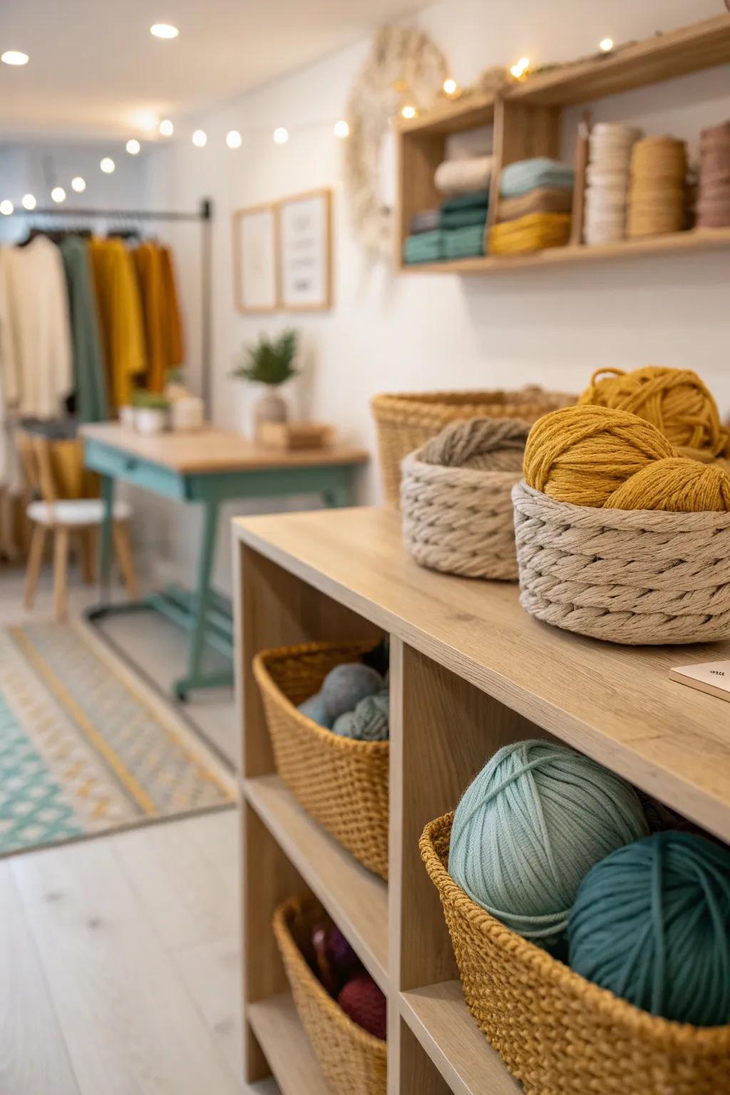 Maximize space with clever under-table storage solutions for your yarn room.