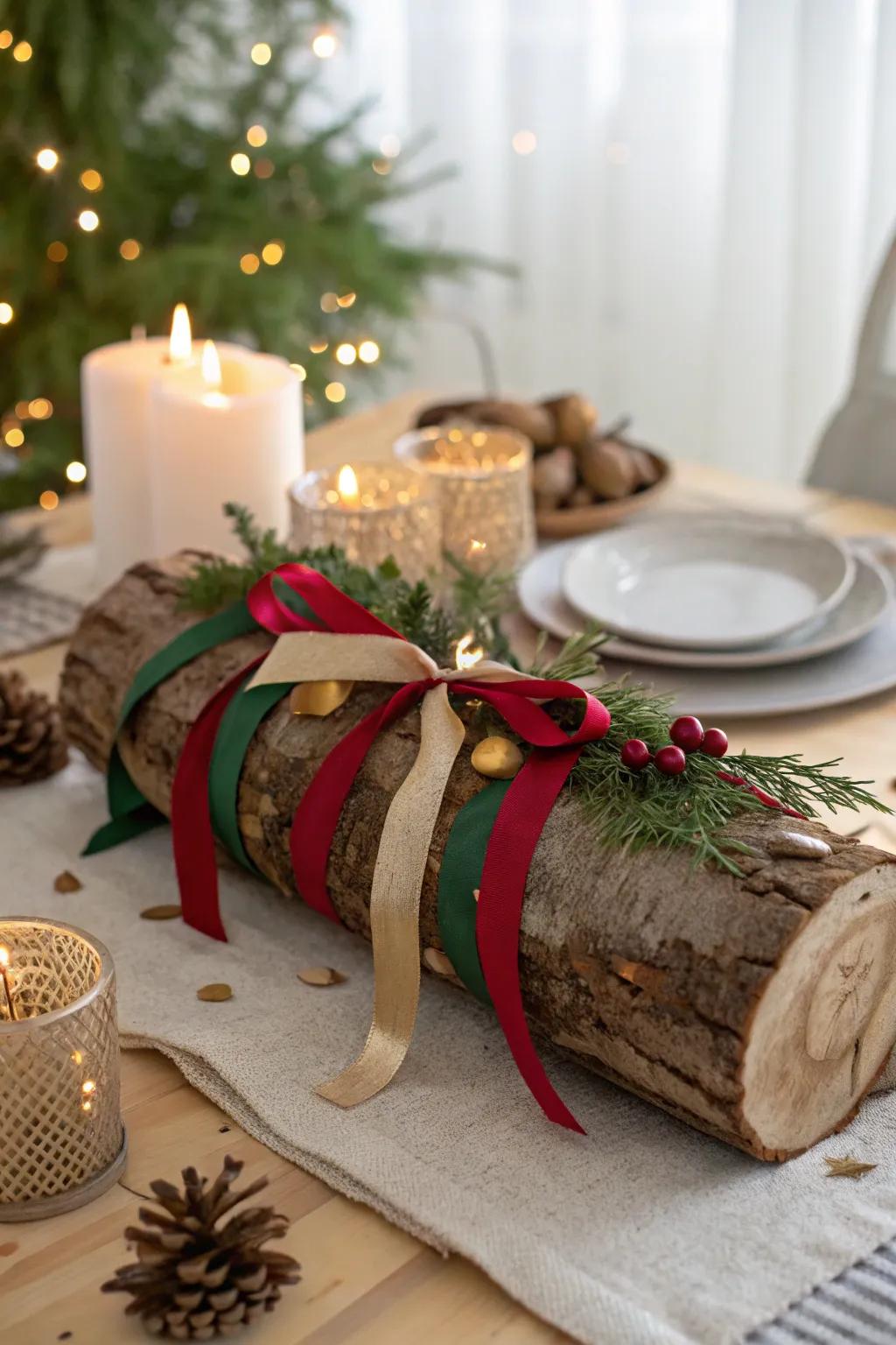 Bring festive cheer with colorful ribbons that enhance the beauty of your yule log.