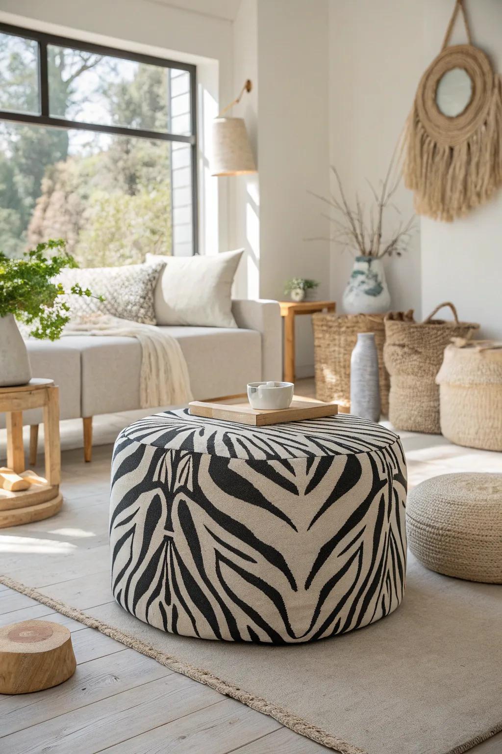 Zebra print furniture adds a bold statement to your living room, combining style with functionality.