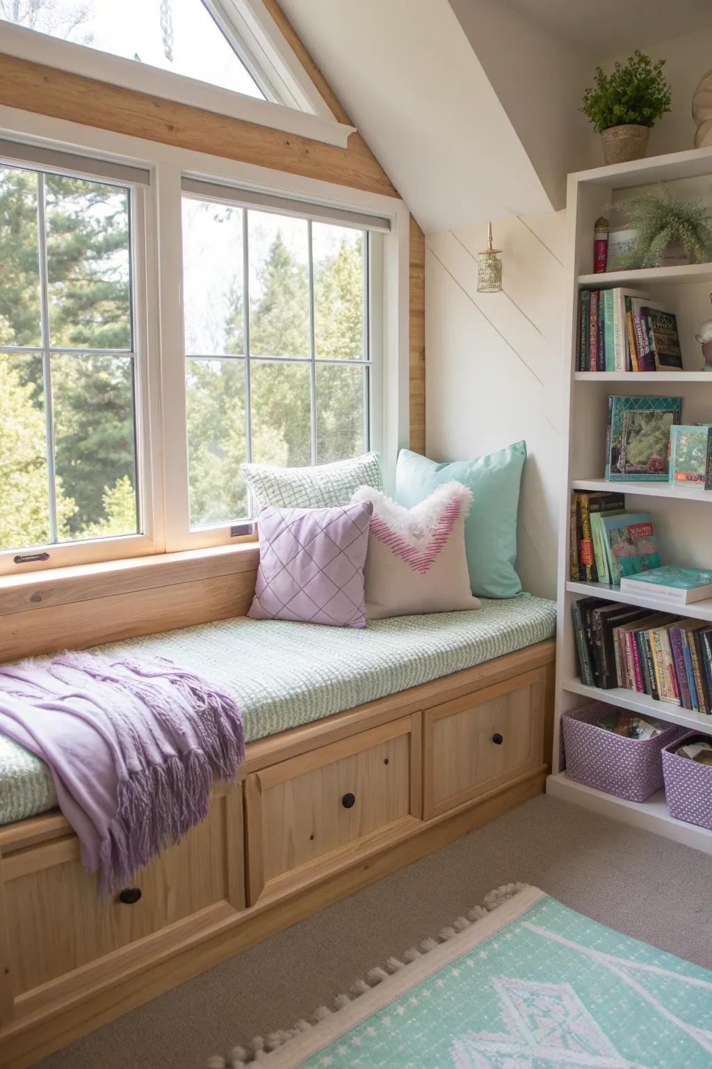 A window bench offers a sunny spot for relaxation and adds a touch of elegance to any room.