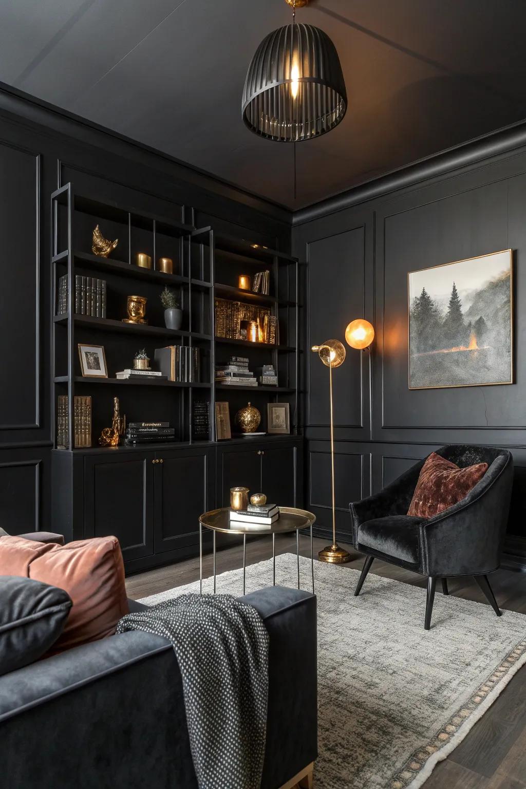 Varying shades of black and grey create a dynamic twist on monochrome design. #MonochromeMagic #InteriorDesign