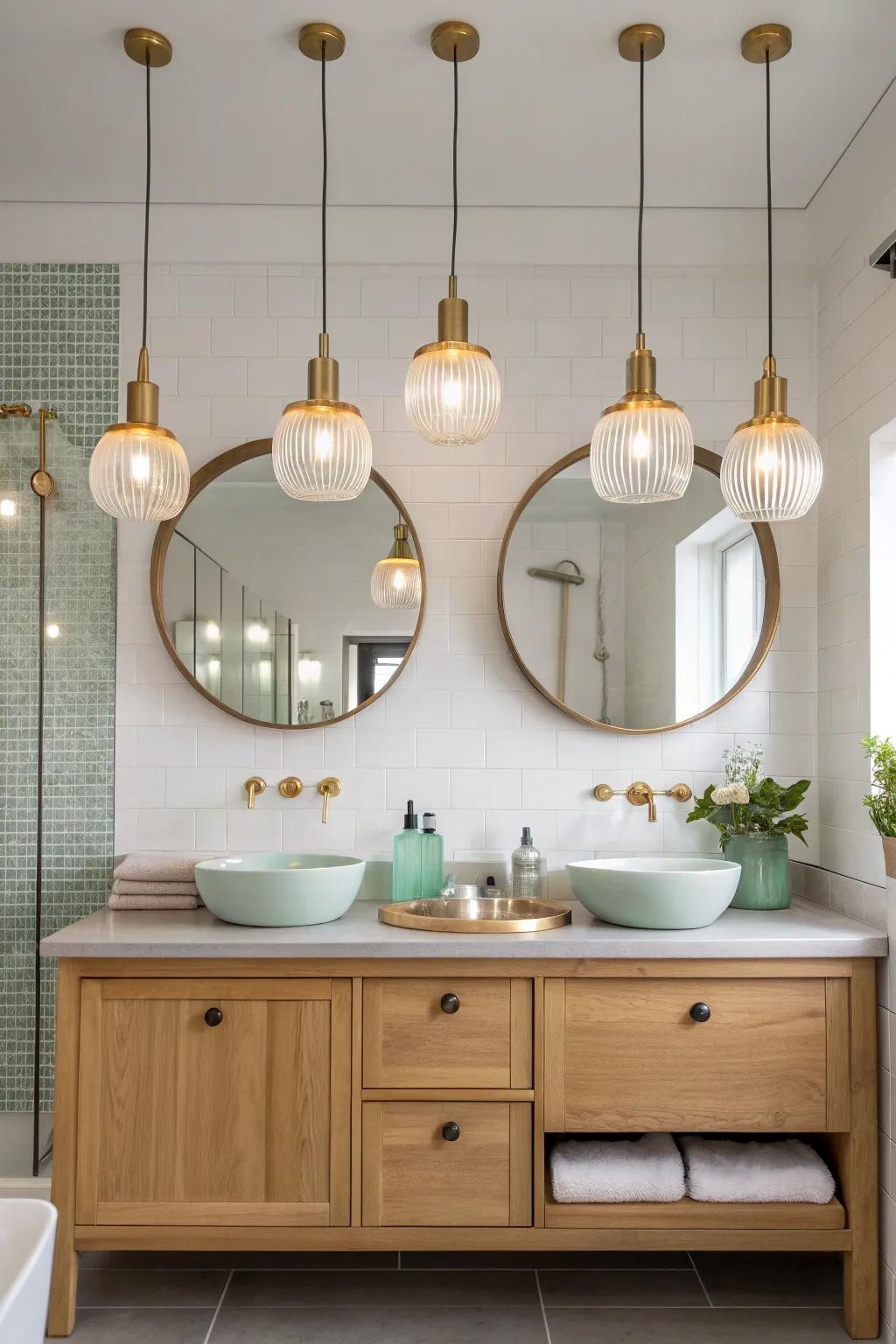 Express your style with an eclectic mix of pendant lights for a personalized bathroom.