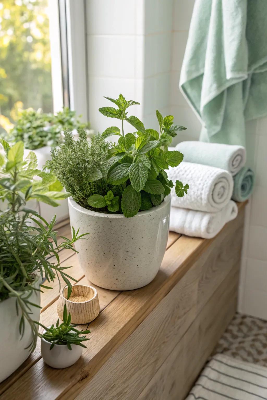 Infuse your bathroom with freshness and aroma by growing herbs on your shelf.