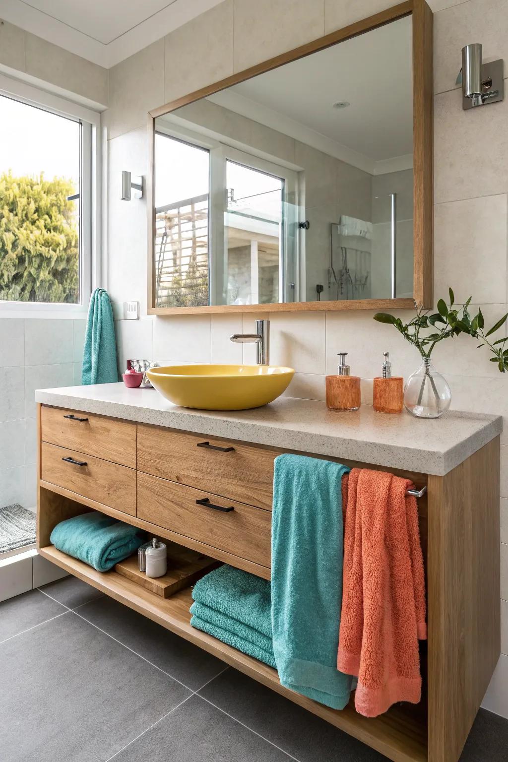 A floating oak vanity lends a modern and open feel to the bathroom, perfect for minimalist designs.