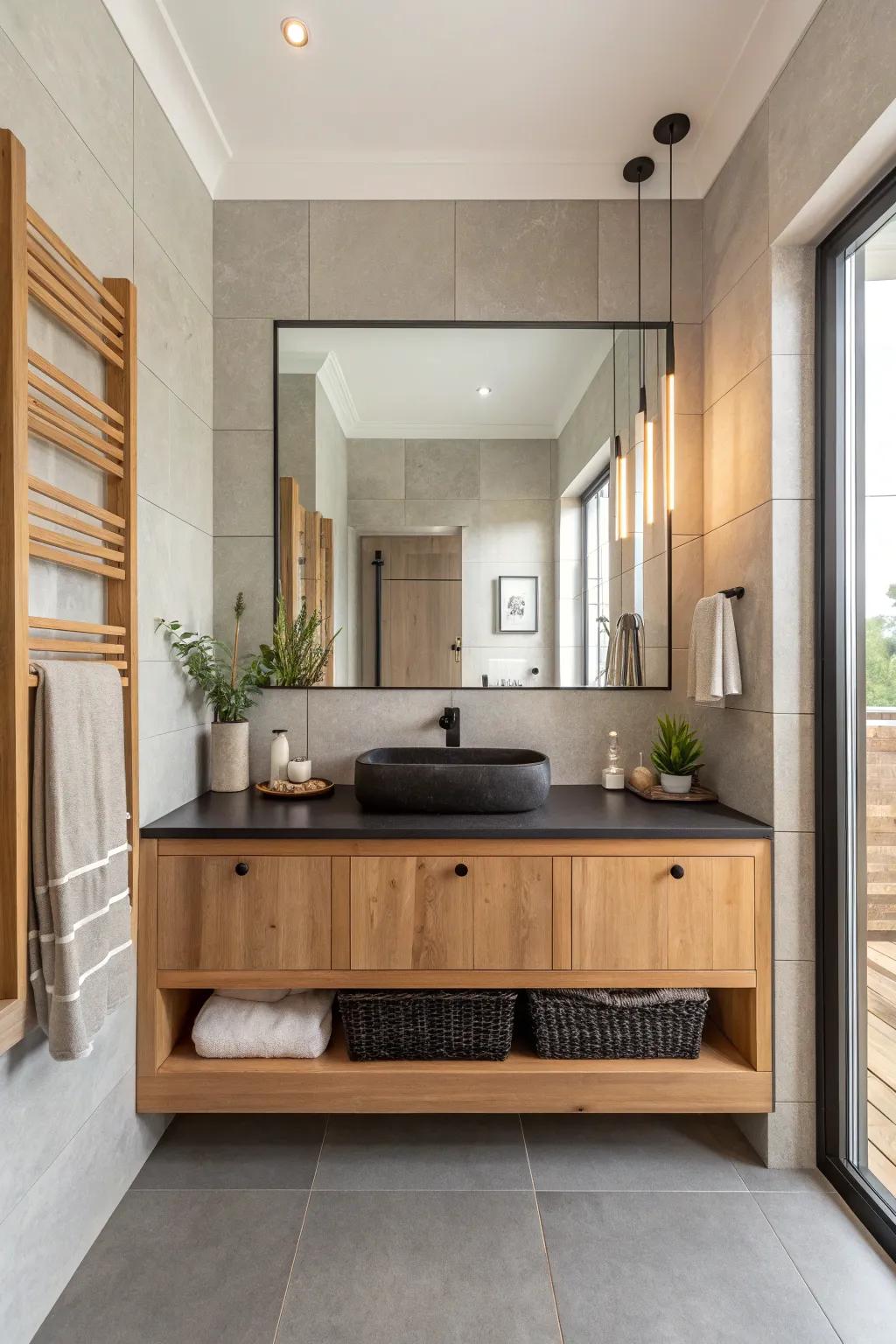 Open up your space with a floating vanity and sleek black countertops.
