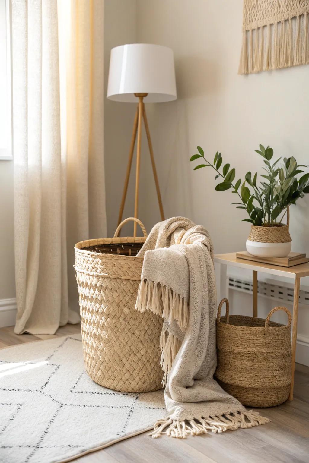 Corner baskets add coziness to underutilized spaces.