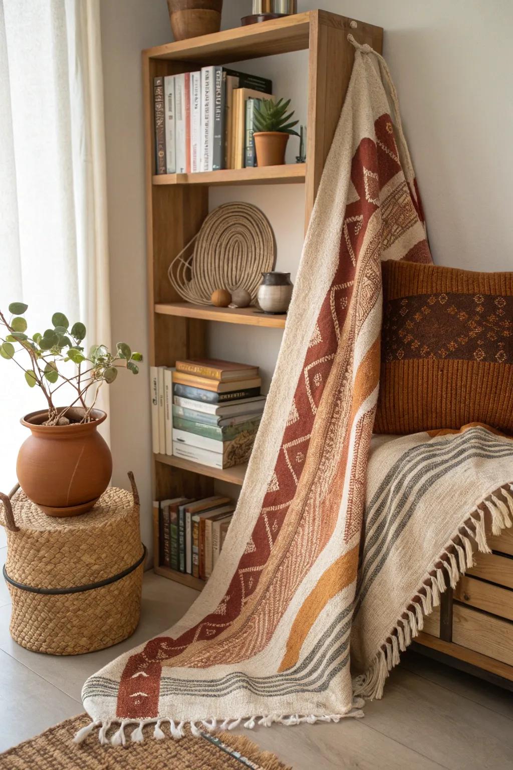 A tapestry transforms shelves, infusing bohemian charm and vibrant texture.
